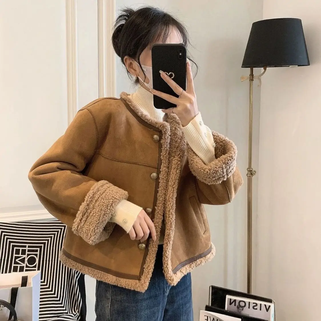 Korea Women Oversized Parkas Thick O-neck Cropprd Coat Ladies Soft Long Sleeve Jacket Female Outerwear Autumn Winter Warm Bomber