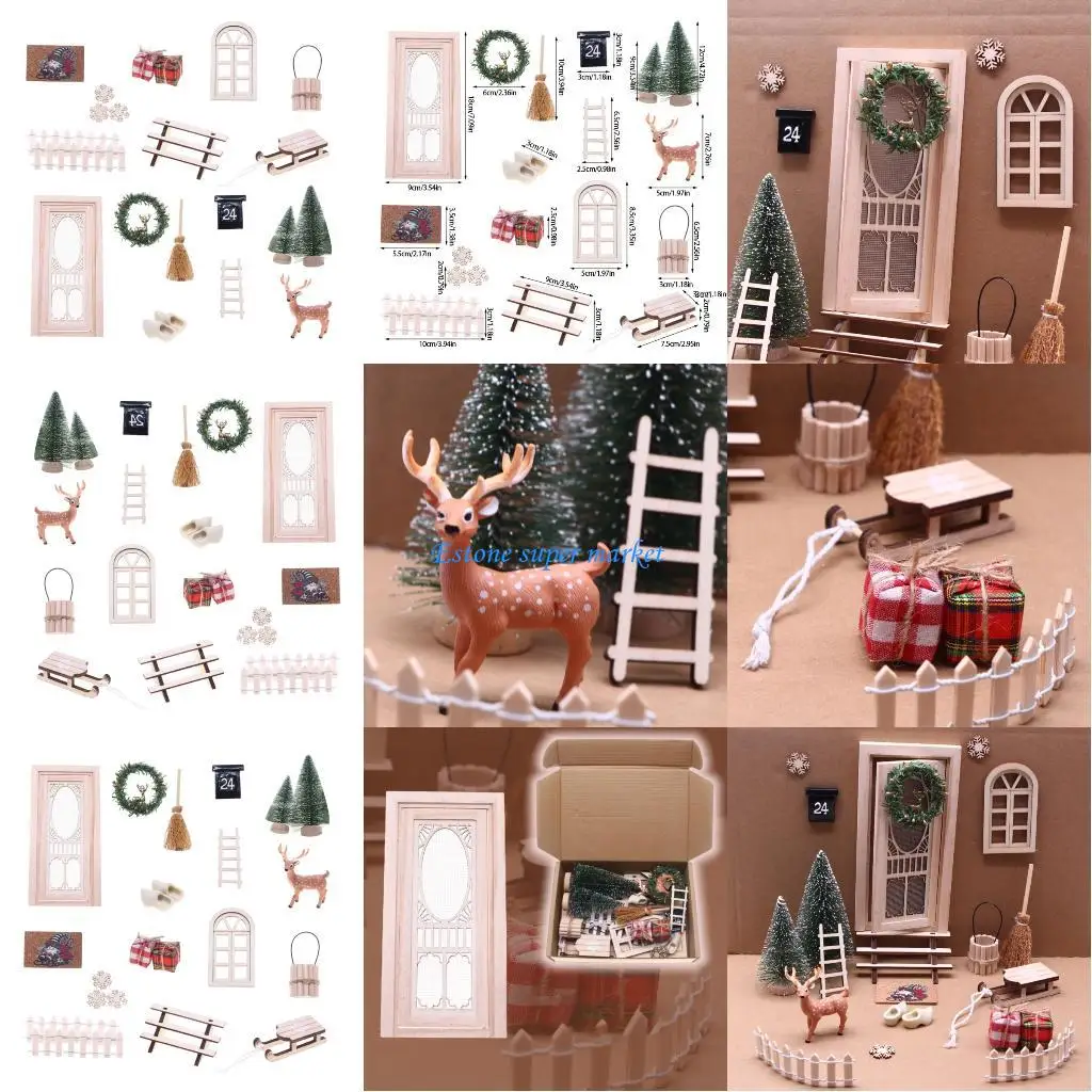 

090B Dollhouses Miniature Christmas Wreath Reindeer Door Set For Holiday Decoration Resin Craft Tabletop Art