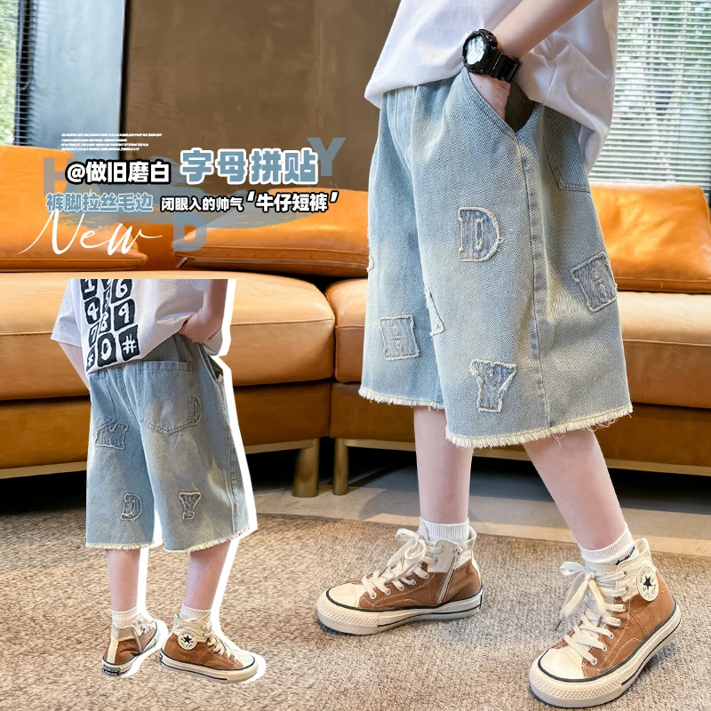 Teenage Child Blue Denim With Y2K Fashion Style Trousers Toddler Ages 4-14Y Boys Denim Shorts Teen Boys Casual Knee-Length Jeans