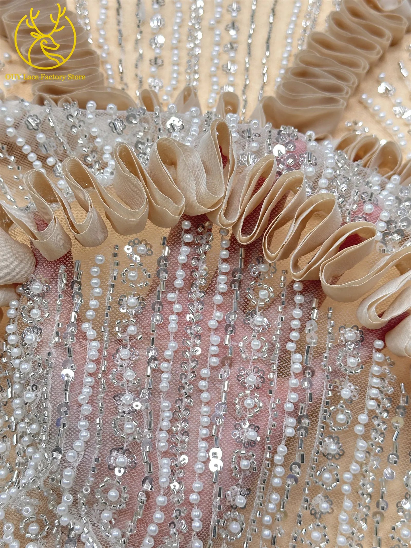 3D High-End Französischer Mesh-Stoff mit Stickerei und Perlen, Spitzenstoff 2026, Hochwertiger Afrikanischer Pailletten-Tüll für Hochzeitskleider zum Nähen – Detail 10