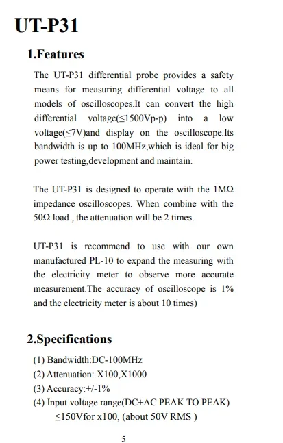 UT-P31 High Differential Probe With 100 Mhz Bandwidth / 1.5 Kv Oscilloscope Probe Ut P31