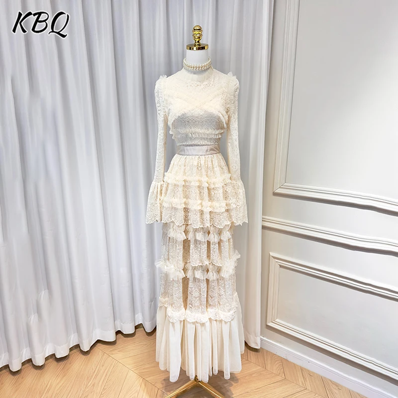 KBQ Elegant Spliced Lace Dress For Women Stand Collar Long Sleeve High Waist Patchwork Mesh Solid Long Dresses Female Fashion