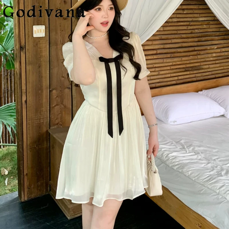 

Large Size French Satin Bow V-Neck Short Sleeve Princess Dress Fashion Girl High Waist A-line Versatile Apricot Summer Dresses