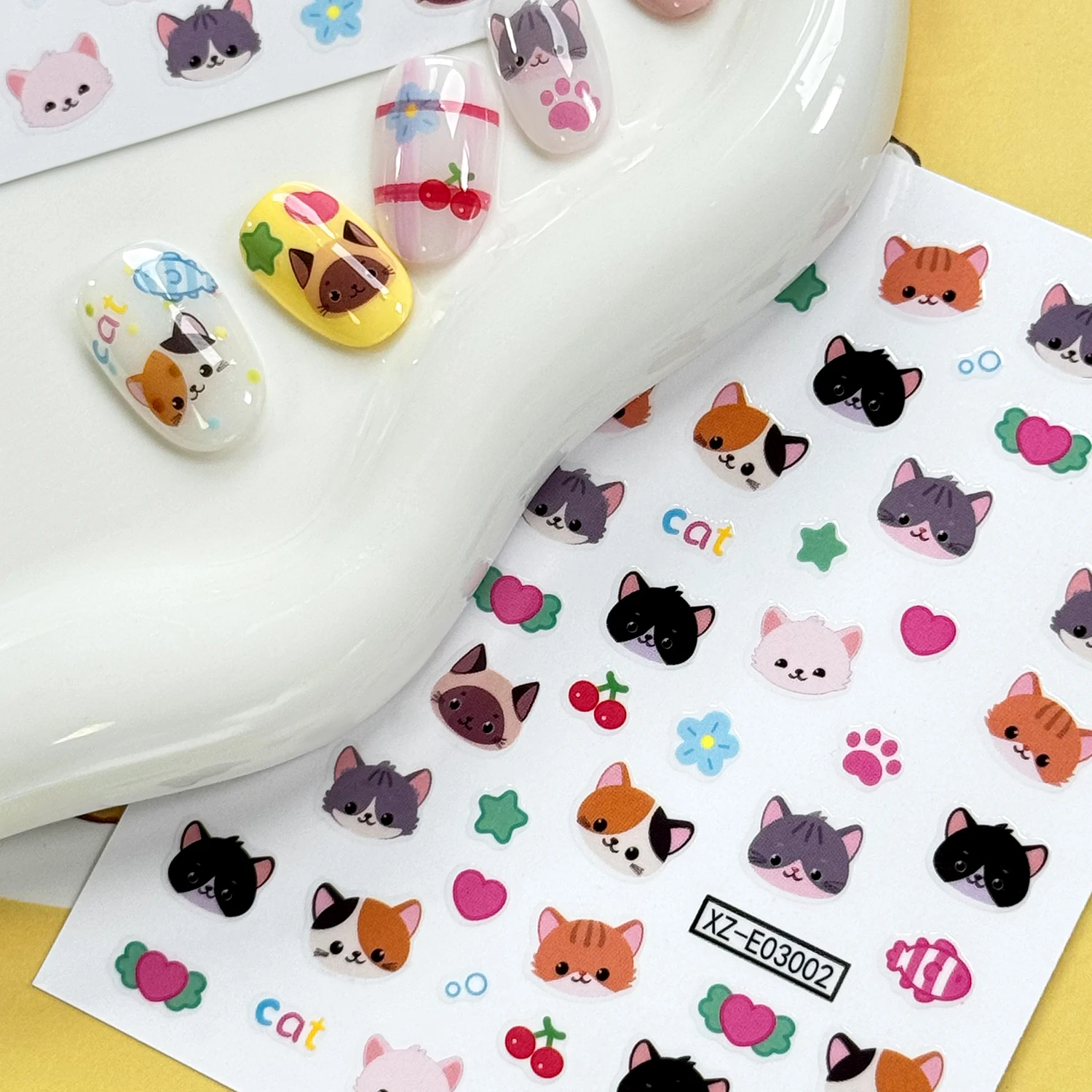 1/2 Stück 5D Niedliche Katzen-Nagelkunst-Aufkleber Mehrfarbige Kätzchenpfoten Stern Blumen Selbstklebende Nagelsticker Tier-Maniküre-Dekorationen – Detail 9