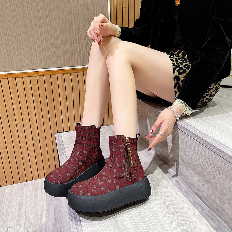 Sanded Leather Muffin Bottom Riding Boots Women's Autumn New Retro Leopard Print Big Zipper Thick Bottom Increased Short Boots