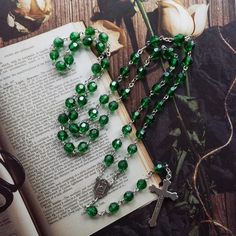 QIGO Green Acrylic Rosary Necklace Vintage Cross Pendant Long For Men Women Christian Church Prayer Ornaments
