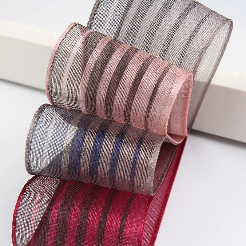 Organza Stripe Satin Ribbon Rainbow Trim 38 25 9mm DIY Hair Bowknot Accessories Gift Box Wrapping Packing Printed Mesh Tape Grey