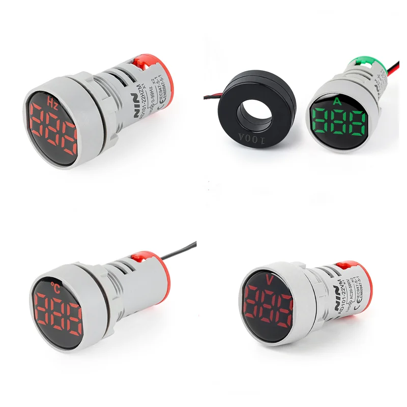 22mm Round Mini Digital Voltage and Current HZ Meter AC20-500V Voltage Test Meter Power Supply LED Indicator Test Light Display