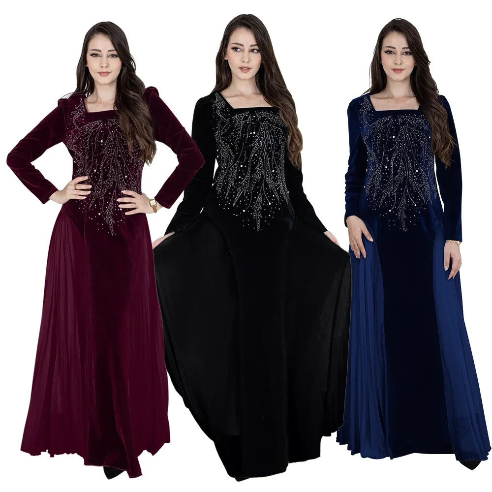 

Women Dubai Arab Muslim Velvet Chiffon Splicing Diamond Evening Dress Jalabia Women's Clothing Abaya Robe