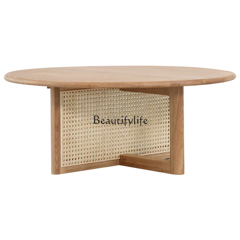 Nordic simple coffee table living room modern creative solid wood rattan small apartment round tea table