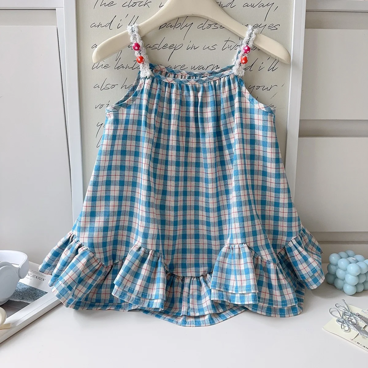 Girls' Sweet Style Dress Summer New baby clothing Grid Hanging Neck Strap plaid Skirt Cute Ruffle Edge Dress