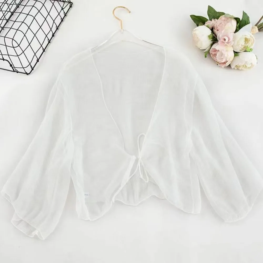 Casual Crinkle Women Cardigan Loose Chiffon Short Shawl Transparent See Through Thin Section Top Small Jacket