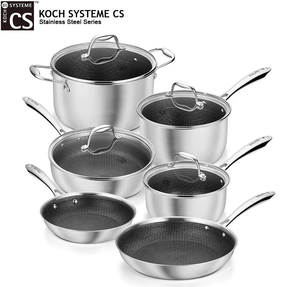 KOCH SYSTEME CS 10-teiliges Kochgeschirr-Set, dreilagiger Edelstahl, Töpfe und Pfannen, antihaftbeschichtete Bratpfanne, Saucenpfanne, Wabenstruktur-Innenseite