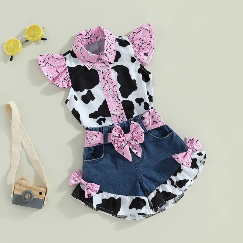 1-6Y Kids Girl Summer Outfits Cow Print Turn-Down Collar Fly Sleeve Tops Bow Denim Shorts with Belt 2Pcs Clothes Set