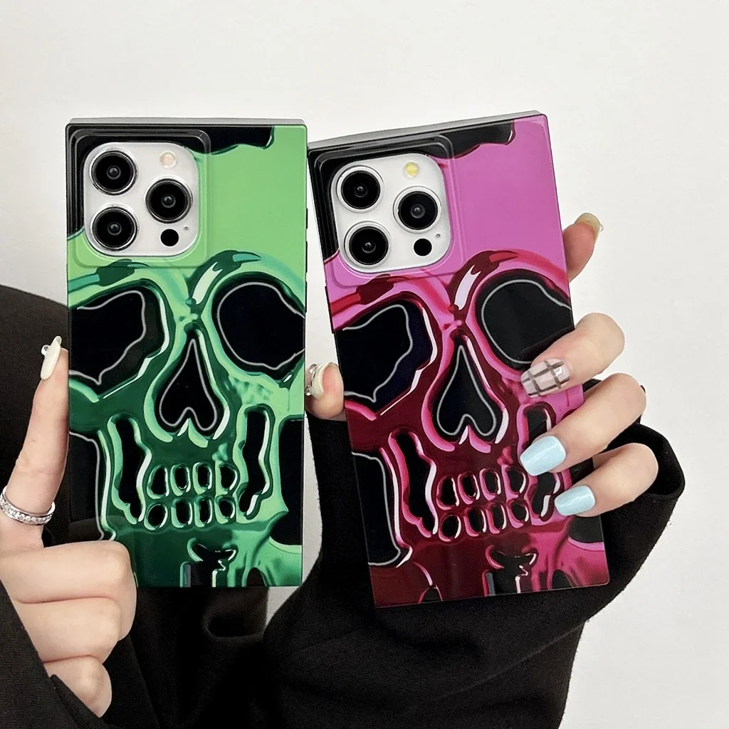 Glossy Rectangle Hollow Out Ghost Skeleton Skull Shockproof Protective Cover Case for iPhone 16 15 14 13 Pro Max