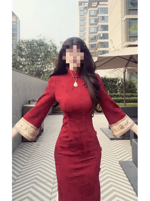 

Новая китайская красная женская приталенная блузка с длинным рукавом, весенняя новинка, винтажный стиль, повседневная одежда, полиэстер