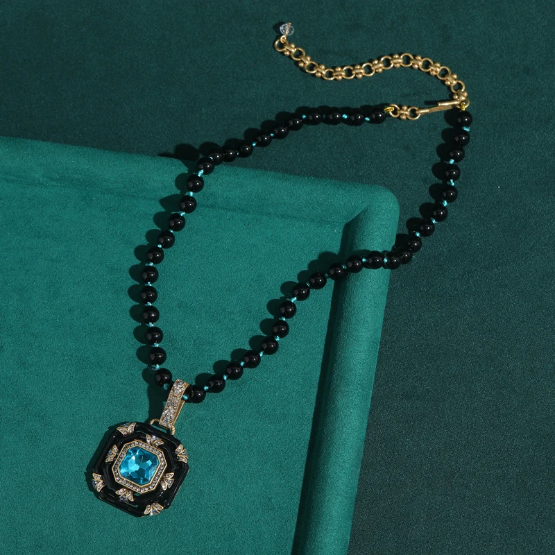 

Vintage Black Agate Beads Necklace Woman Square Pearl Enamel Sea Blue Crystal Pendant Elegant Antique Luxury Quality Jewelry