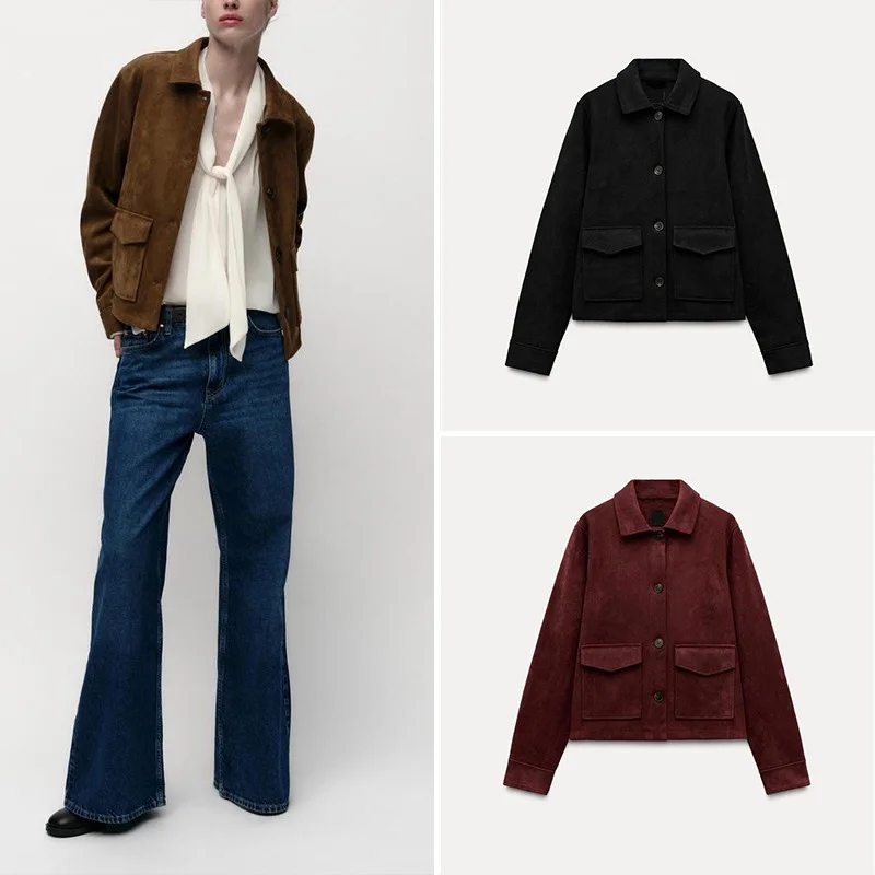 Z Women's Faionable Velvet Texture Coat Elegance Daily Wear ort Outerwear Pure Color Long Sve Turn-down Collar