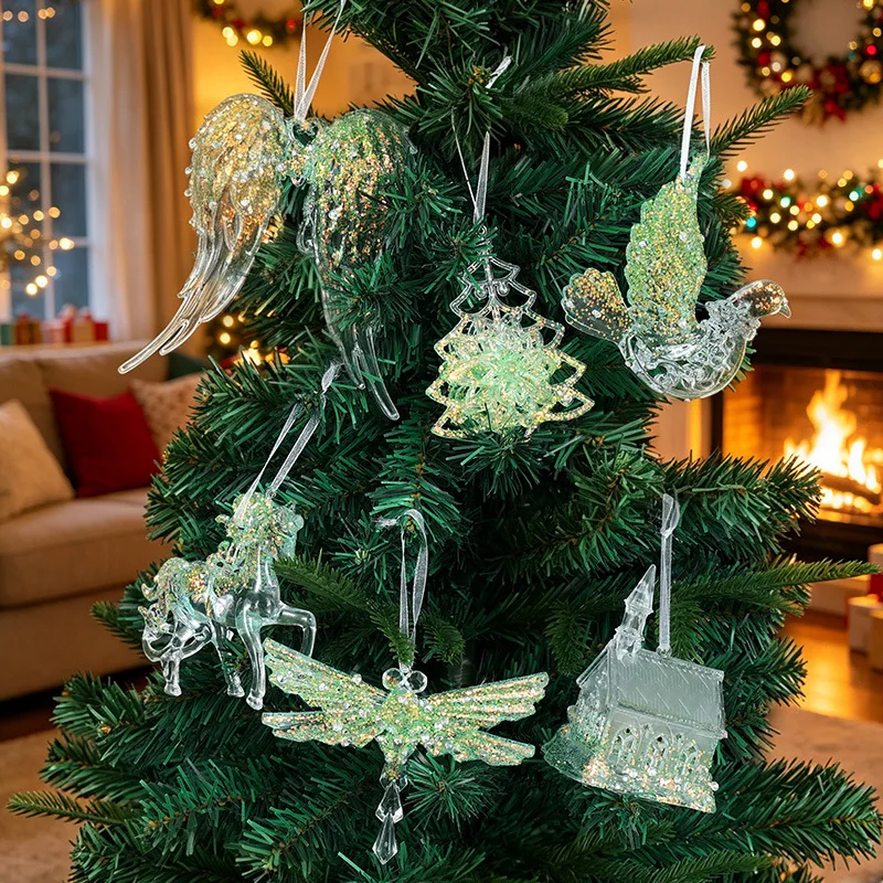 Christmas Acrylic Crystal Snowflake Deer Christmas Ornaments Clear Transparent Pendant Hanging Decor for Xmas Tree Home Party