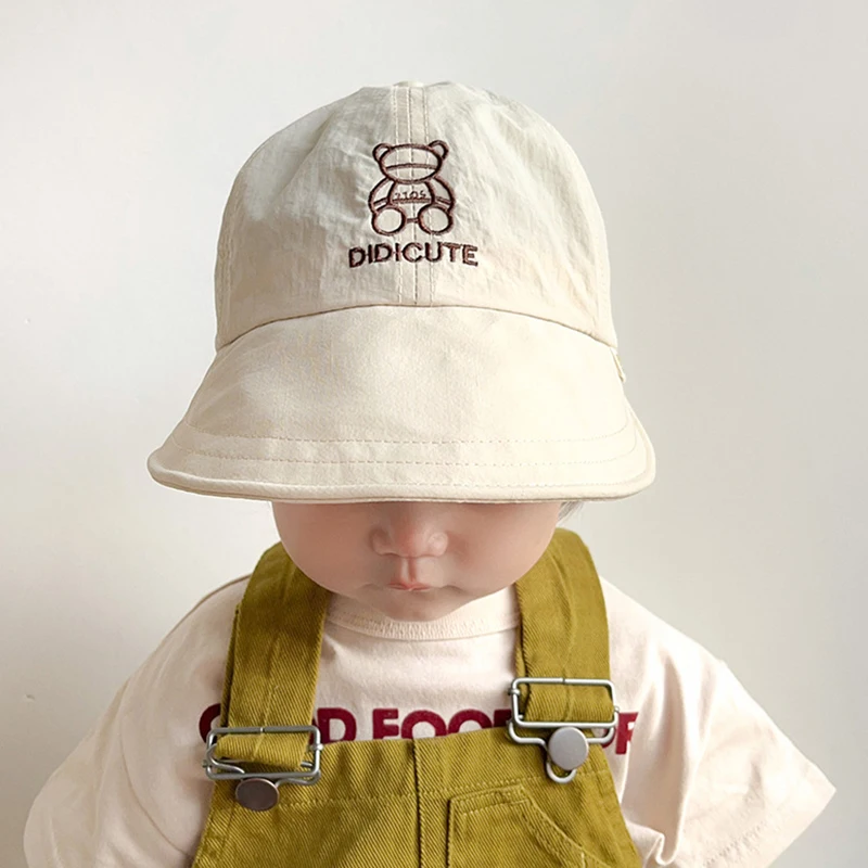 

Spring Summer Kids Hats Solid Wide Brim Cotton Caps with Cute Cartoon Bear Print Child Casual Outing Fast Dry SunProof Hats