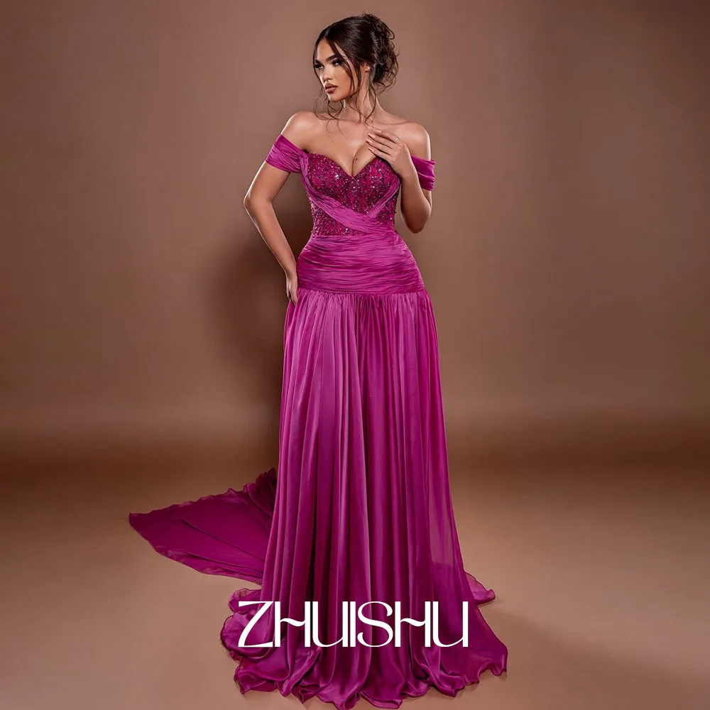 

ZHUISHU Fuchsia Luxury Women Evening Gown with Sequined Lace Customized A Line Off the Shoulder Draped Prom Party Dress Formal