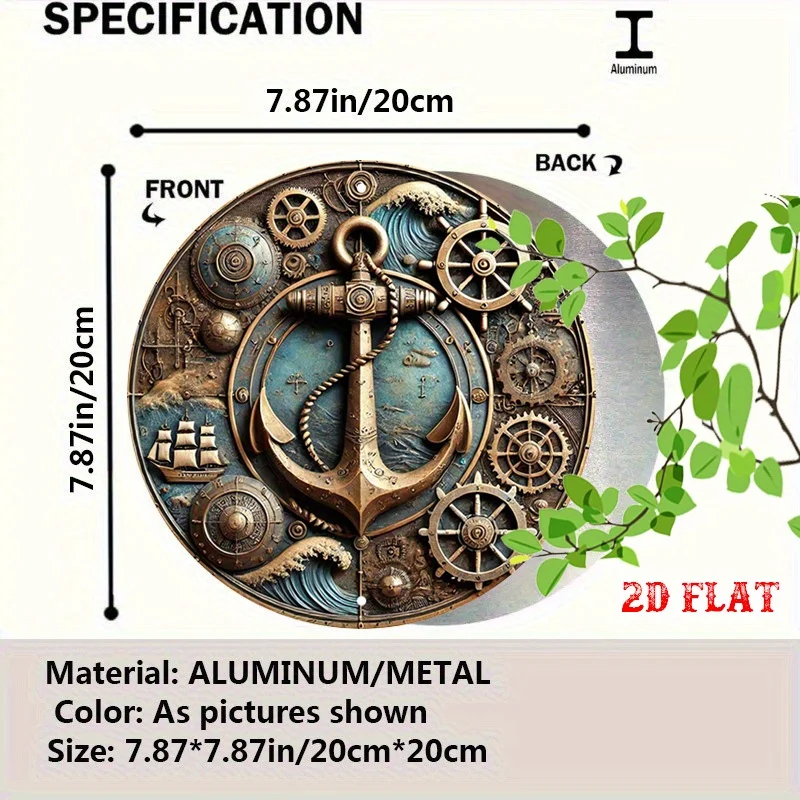 2D Flat, 1pc Vintage Metal Sign with Bronze Anchor, Gears & Ship Wheel - Round Wall Art for Farmhouse, Cafe, Beach House, Back