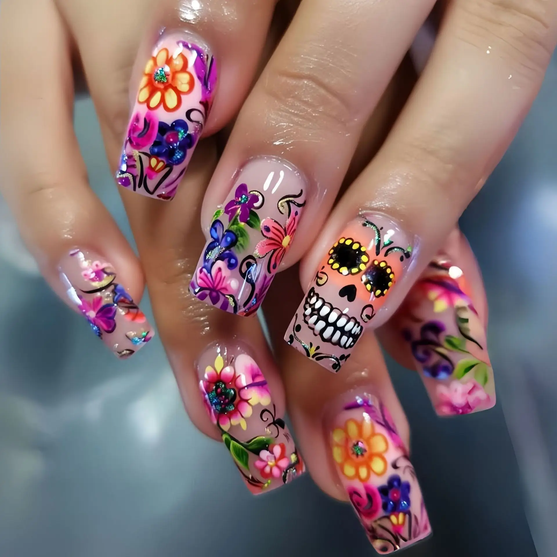 24 stks/set Middellange nepnagels voor Halloween party zwarte kat maan pompoen dode boom amandel vierkante tips druk op valse nail art