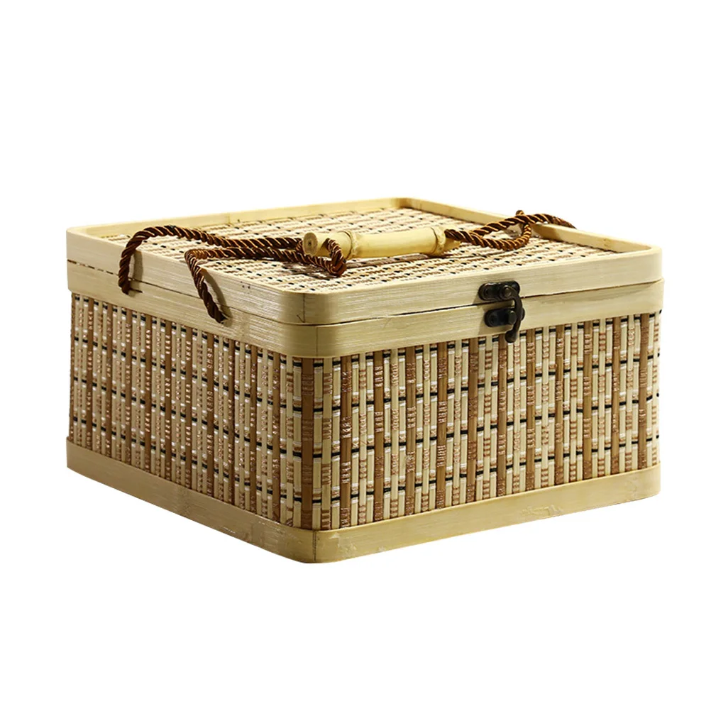 Handmade Bamboo Storage Basket Square Rustic Portable Gift Box Moon Cake Egg Fruit Dried Fruit Container Home Supply
