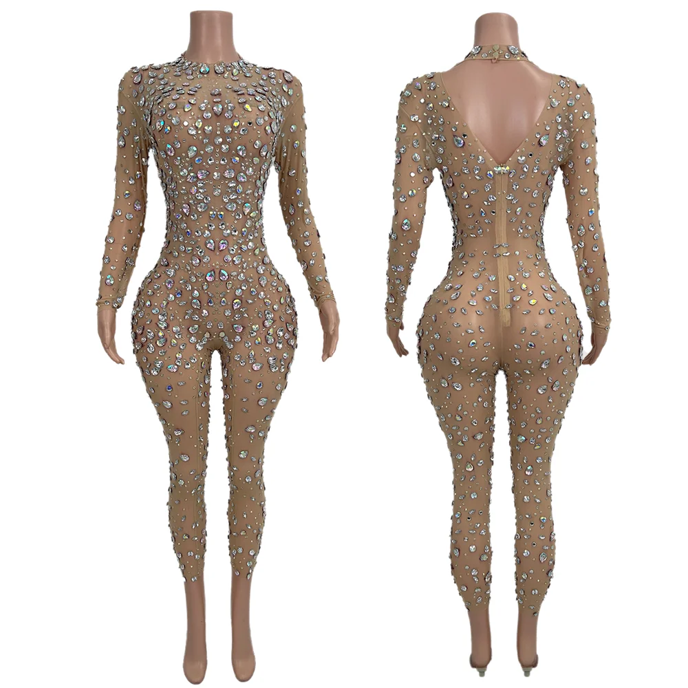 Sexy Long Sleeves Night Club Party Rhinestone Jumpsuits Plus Size Women See Through Crystal Rompers Ladies Show Dancer Bodysuit