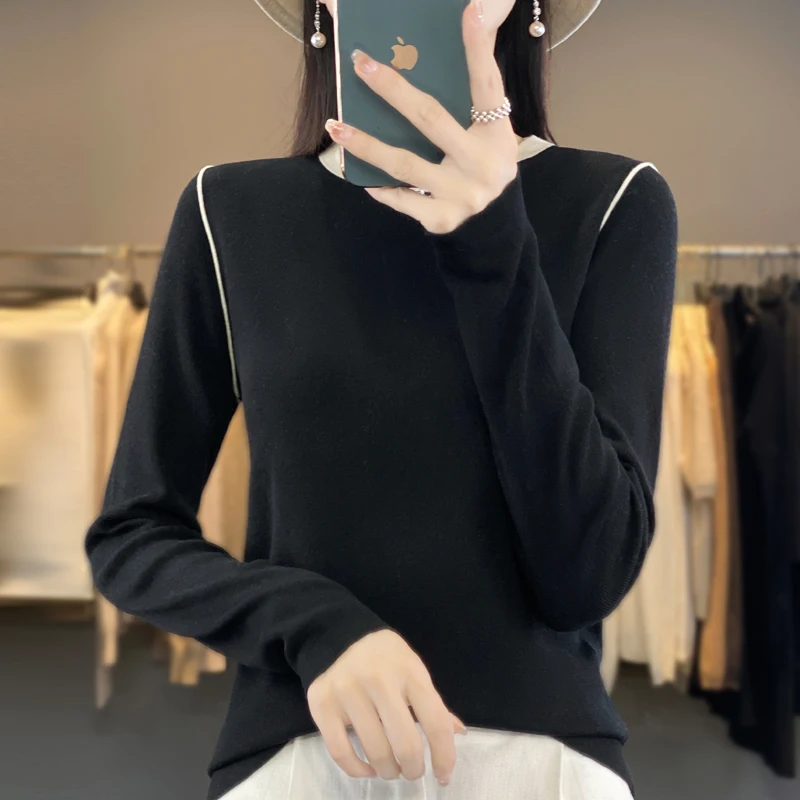 Women's Pullover Spring/Autumn New Wool Sweater Casual Splicing Knitwear Ladies' Clothes Round Neck Blouse Fit Tops