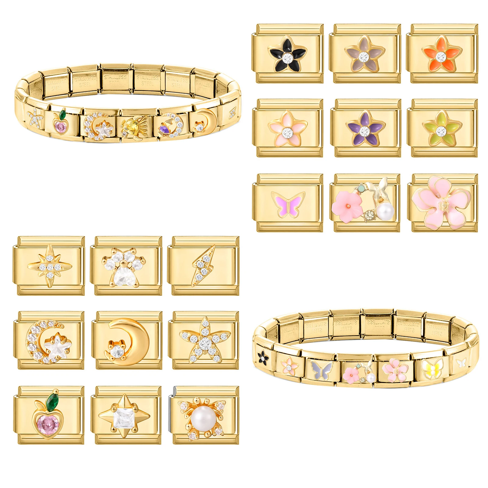 

Vintage Gold Color Fish Heart Moon Lightning Italian Charm Links Fit 9MM Stainless Steel Bracelet Women Men Jewelry DIY Making