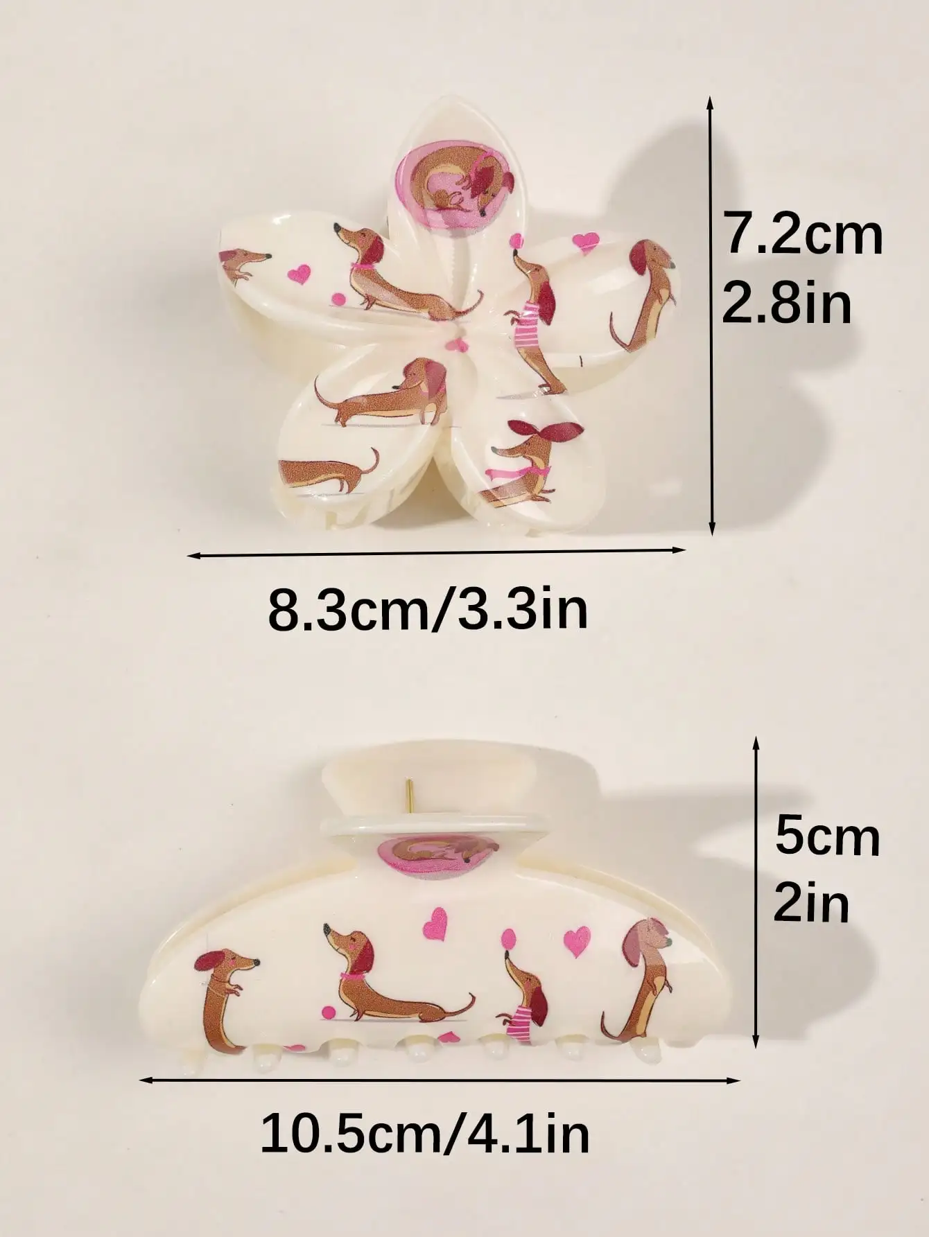 2 Stück niedliche rosa Dackel-Herz-Druck-Haarklammern für Frauen, Blumen und große Halbkreis-Mode-Haar-Accessoires, Hai-Clips – Detail 5