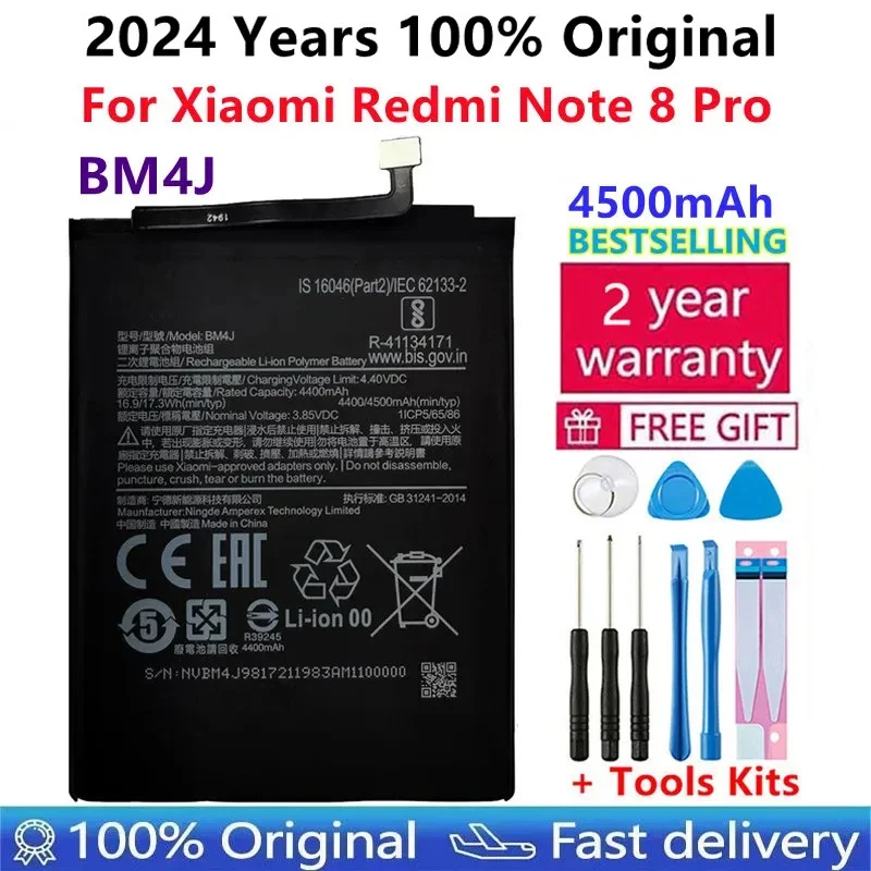 100% 4500mAh แบตเตอรี่ BM4J ของแท้สำหรับ Xiaomi redmi Note 8 Pro Note8 Pro แบตเตอรี่โทรศัพท์ของแท้สำหรับเปลี่ยน + เครื่องมือของขวัญ + สติกเกอร์