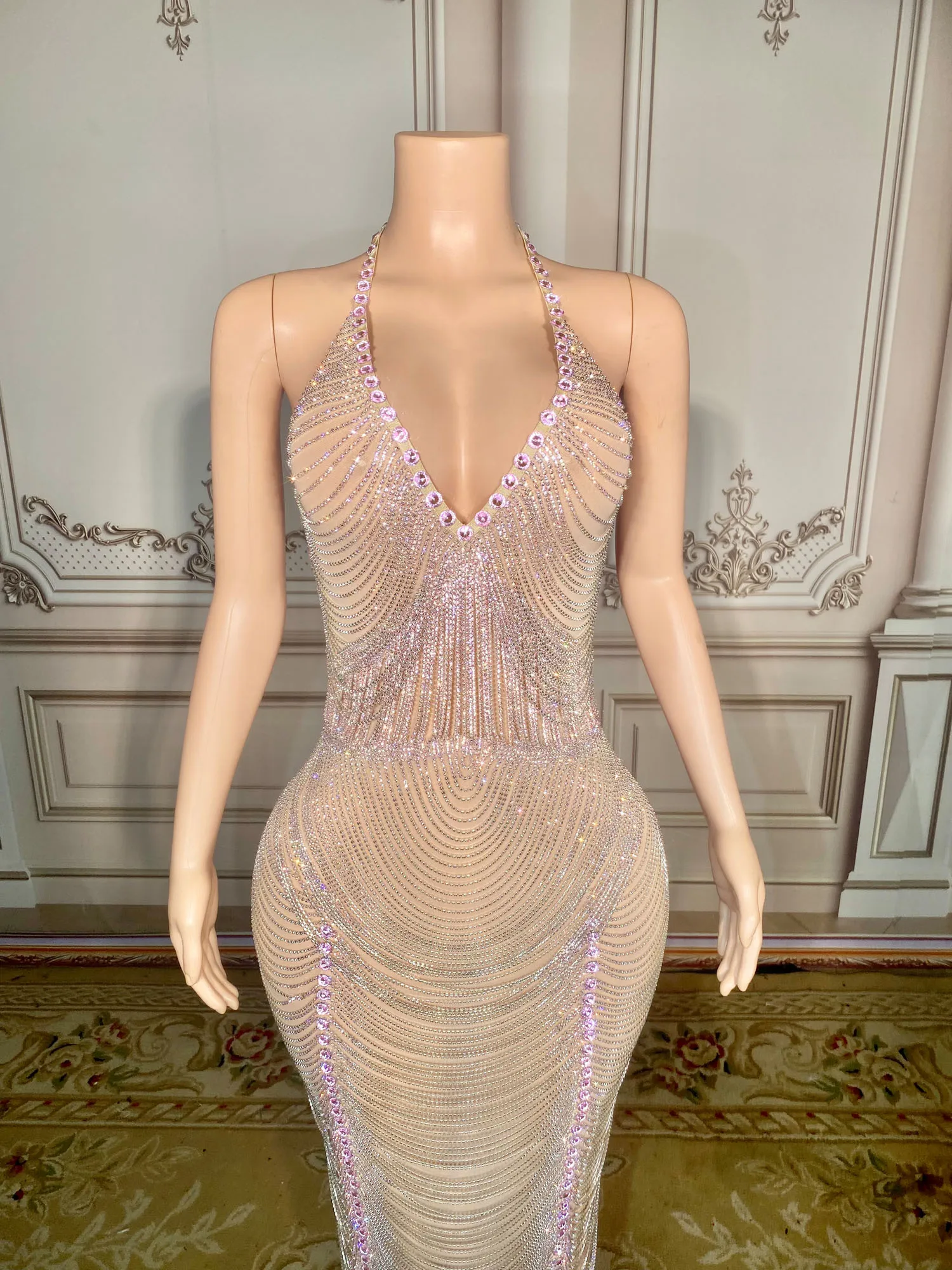 Vestido de renda sem mangas personalizado Streaking Lace, Lantejoulas elásticas altas, Vestido apertado sexy para festa de aniversário, Vestido desempenho