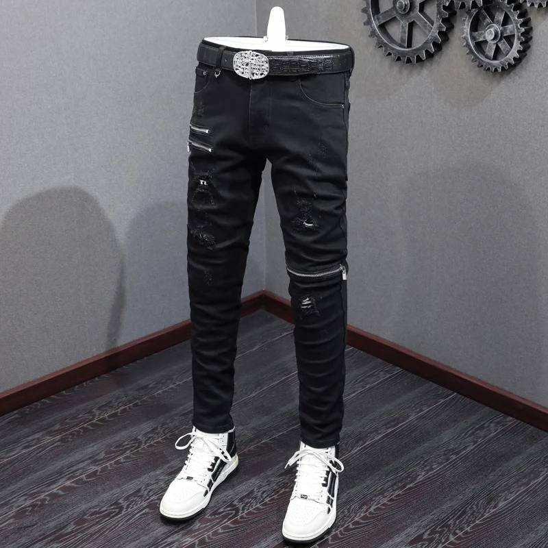 High Street Fashion Men Jeans Black Stretch Slim Fit Patched Ripped Jeans Men Zipper Spliced Designer Hip Hip Y2K Denim Pants