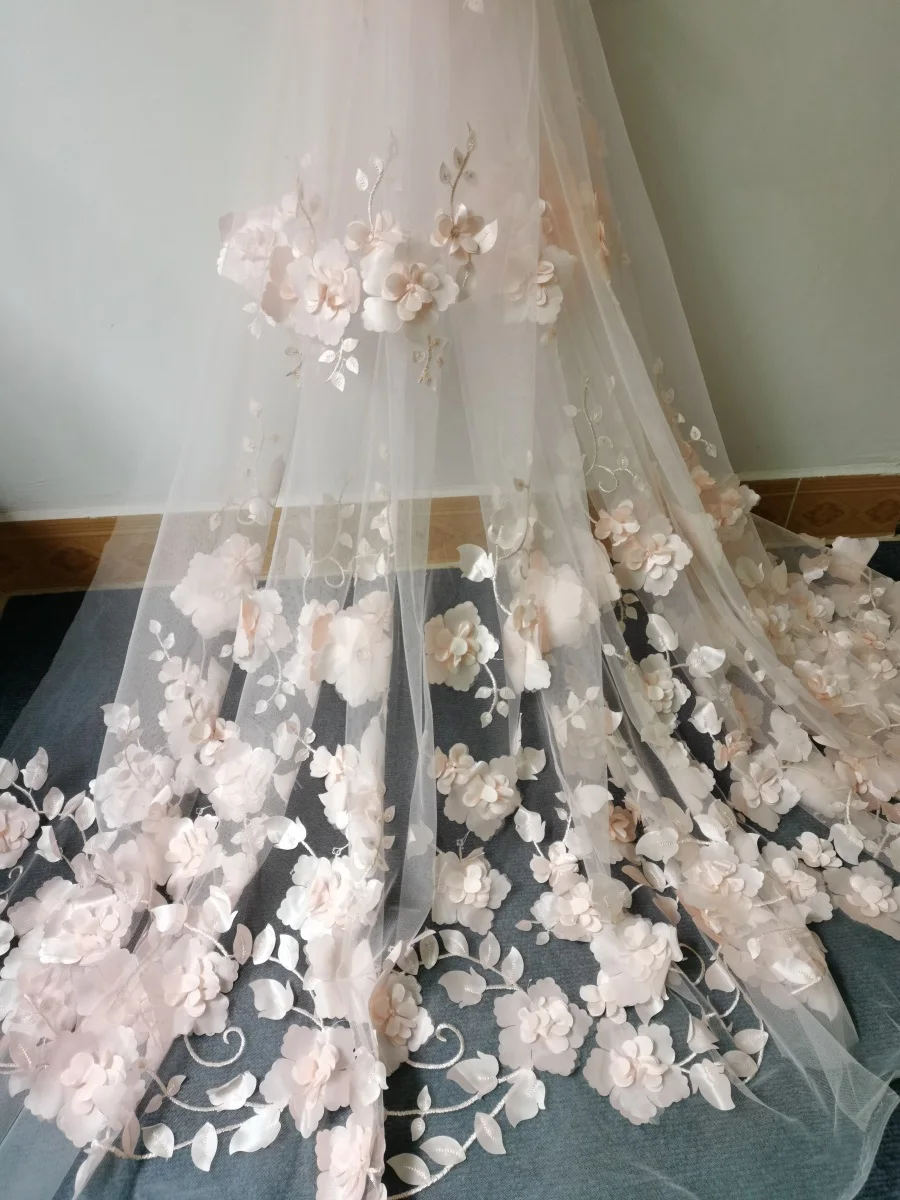

Light Pink Peach Pink 3D Flower Applique Tulle Mesh Lace Fabric Wedding Dress Sewing Fabric