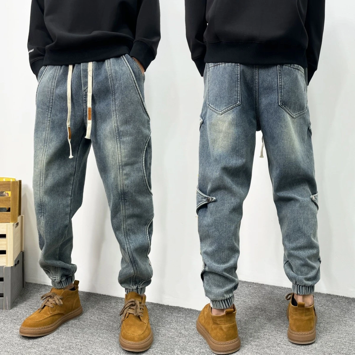 

Модные мужские джинсы с эластичным поясом, синие, в стиле пэчворк, приталенные, повседневные, прямые, из смесового хлопка и полиэстера, на все сезоны