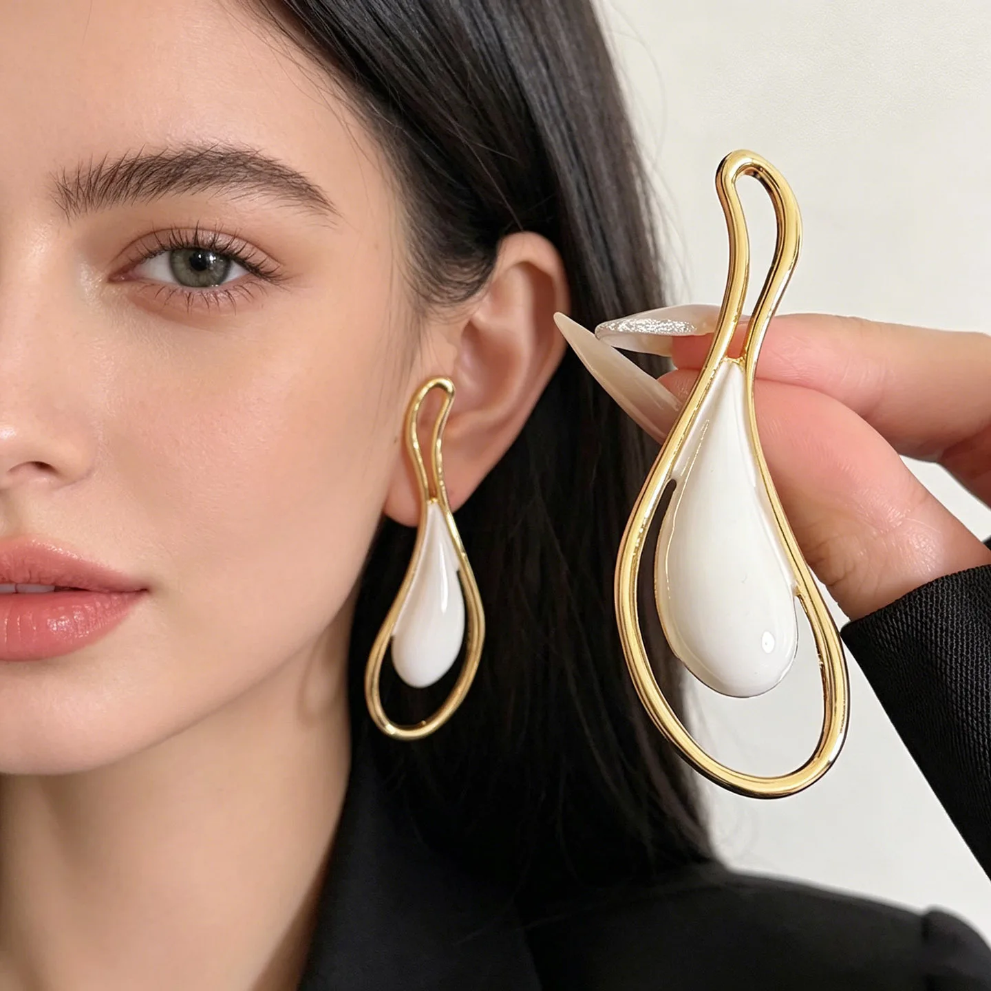 French retro red drop glaze water drop earrings women's gold hollow irregular metal frame long white earrings