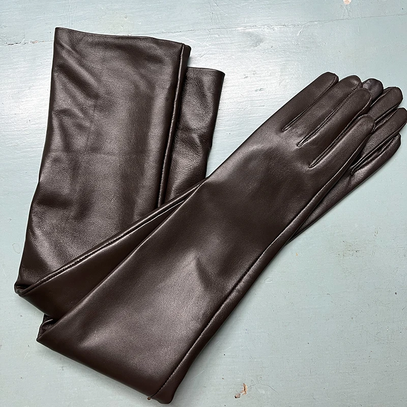 Gants longs en cuir marron foncé pour femme, gants d'opéra en peau de mouton, doigts fendus, surdimensionnés sur le coude