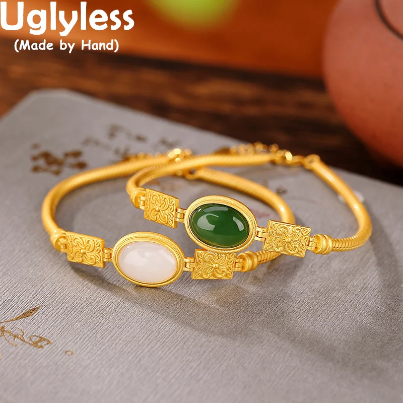 

Uglyless Vintage Floral Bracelets for Women Ethnic Natural Jade Jasper Bangles Real 925 Sterling Silver Retro Jewelry Gemstones