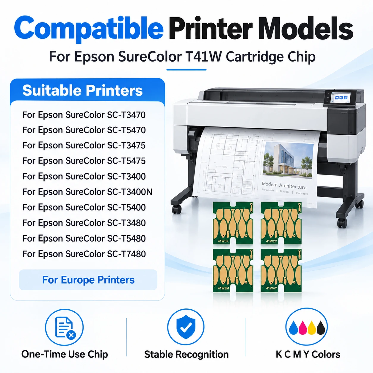 EU Version T41W2 - T41W5 Ink Cartridge Chip for Epson T3470 T5470 T3475 T5475 Printer One Time Chip