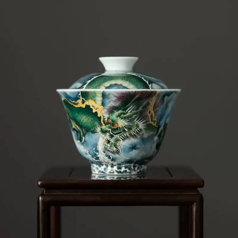 Sacred Mountain Jingdezhen Tea Set Hand-Painted Pastel Green Small Gaiwan, Dragon Soaring Across The Seas Ceramic Gaiwan
