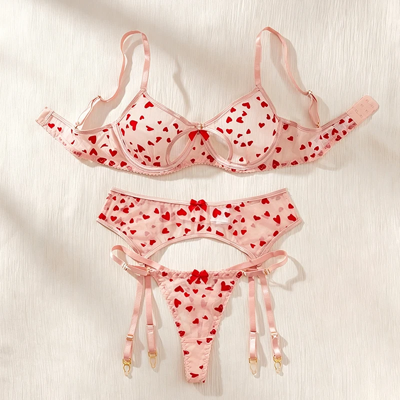 Pink Sheer Mesh Lingerie Set Red Heart Print Underwire Bra Garter Belt Thong 3Pcs Women Sexy Bow Underwear Set for Valentine Day