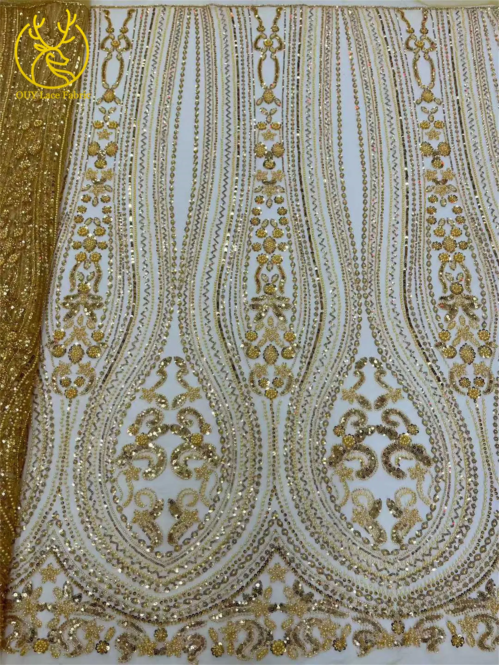 ゴールデンデラックスアフリカ手作りビーズレース生地5ヤード繊細なフランス製スパンコールレース生地ウェディングドレス結婚式パーティー縫製用
