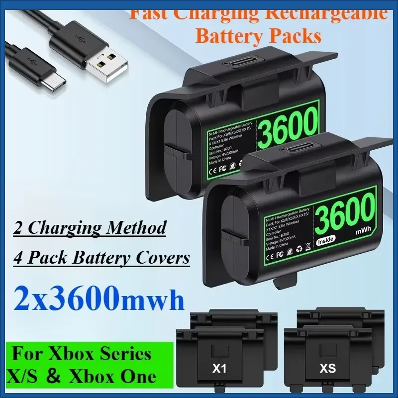 

2x3600mwh Fast Charging Rechargeable Battery Packs For Xbox Series X/S ＆ Xbox One Battery with Charging Cable