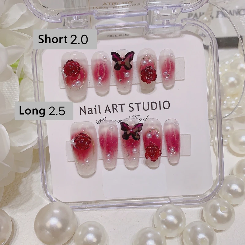 10pcs Wine Red Camellia Butterfly Fake Nails Press on Nails Handmade Manicure Artistic Rewearable Pearl Full Cover Finger Tips