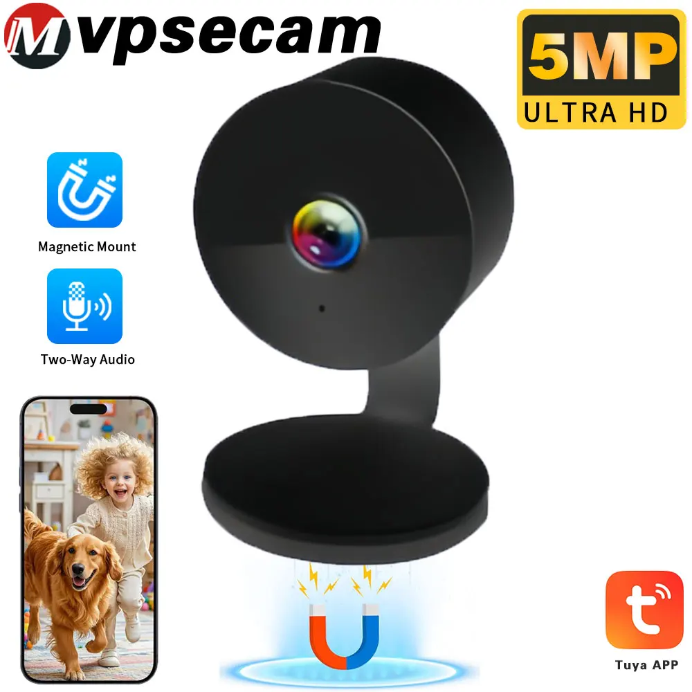 

5MP Tuya Smartlife Home Black Magnetic Mount Round Shape Small Size IP Video Invisible Home Security Baby Monitor Mini IP Camera
