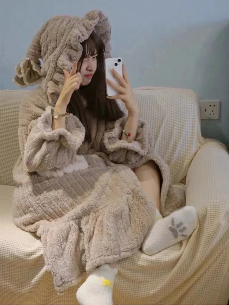 2024 Winter Long Sleeve Hooded Thick Warm Flannel Kimono Robes for Women Sexy Bear Cute Bathrobes Sleepwear Nightdress Night Dre