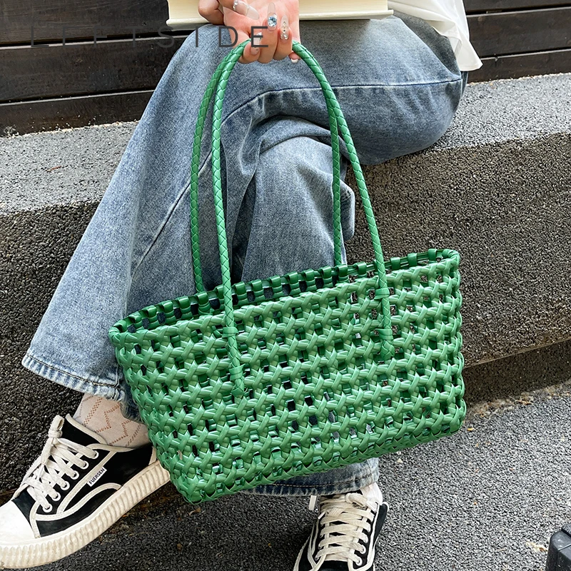 

LEFTSIDE High Capacity Solid Color Hollow Out Tote Bags for Women 2025 Summer Shoulder Bags Simple Handbags Travel Beach Bag
