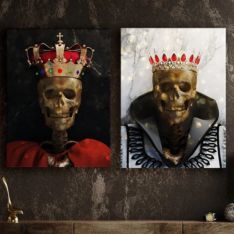 Szkielet Król i Królowa Plakat Królewska Korona Złota Para Średniowieczna Duo Luksusowy Zestaw Płótna Sztuka Ścienna Pop Pokój dzienny Wystrój Domu Malarstwo